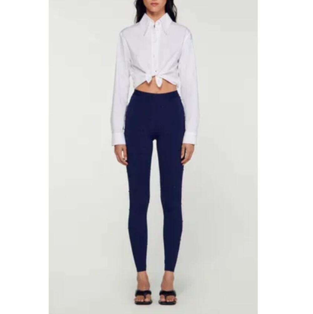 Sandro Women's Blue Marine Rhinestone Leggings Size 38 | Small